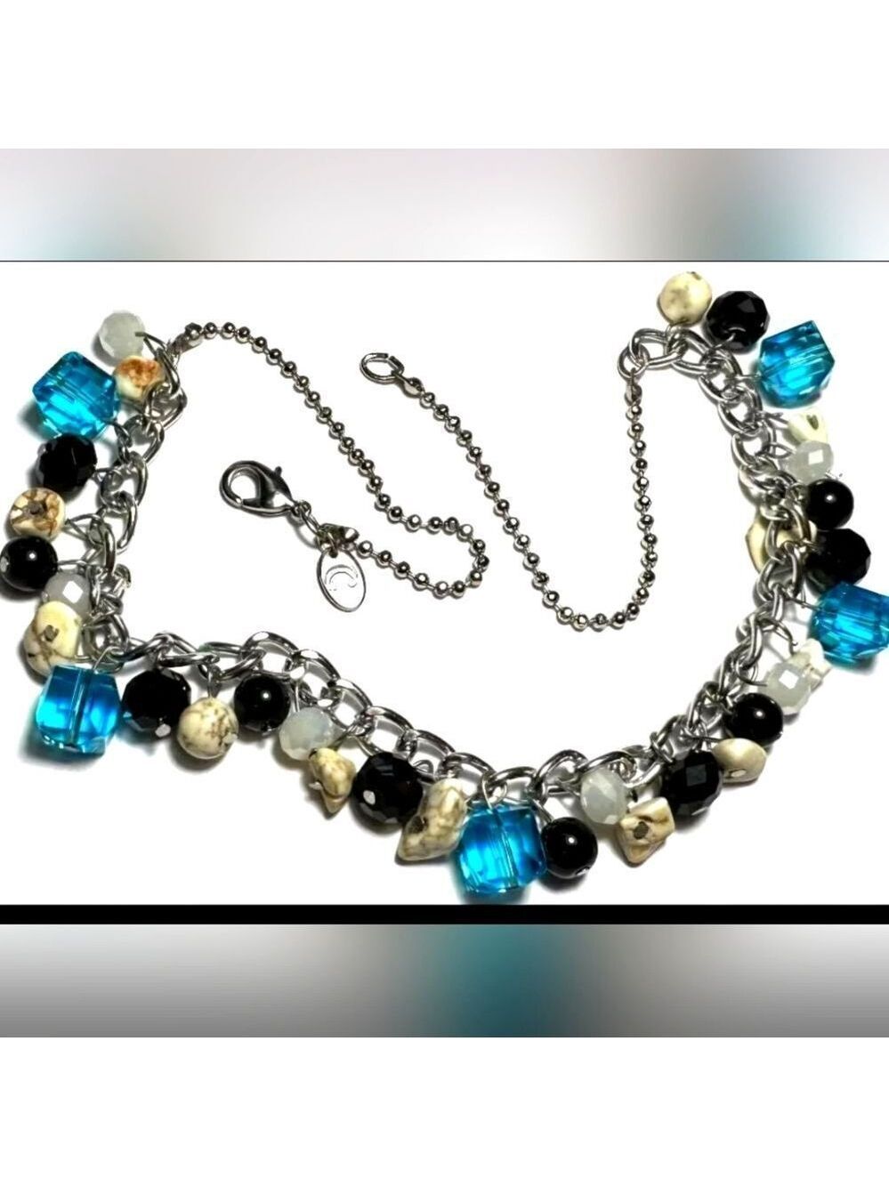 Vintage Necklace Signed  CHARMING CHARLIE Chain Cluster Beadz Blue Black 18.5"